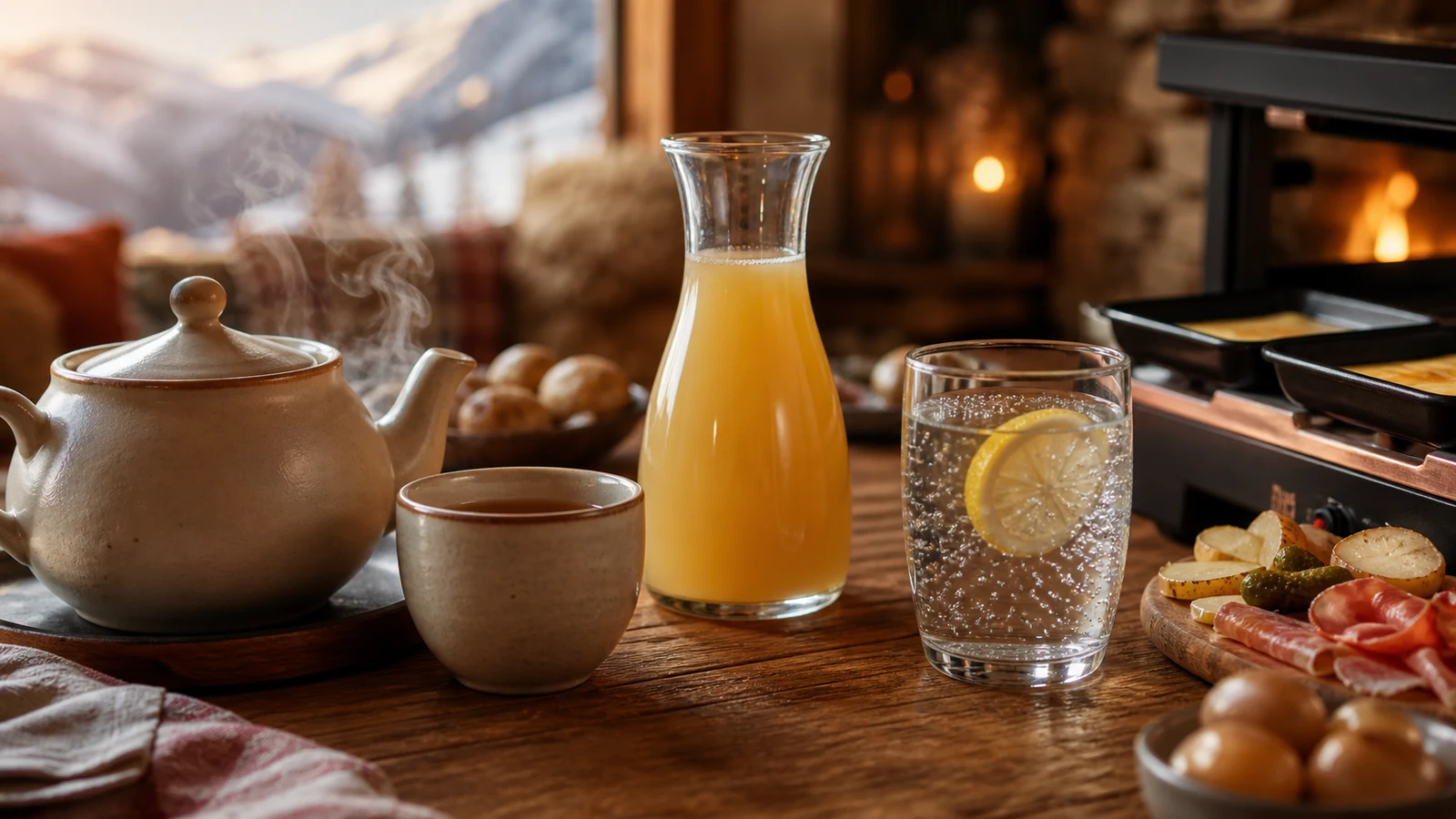 Boissons sans alcool pour la raclette, jus de pomme, eau pétillante et thé