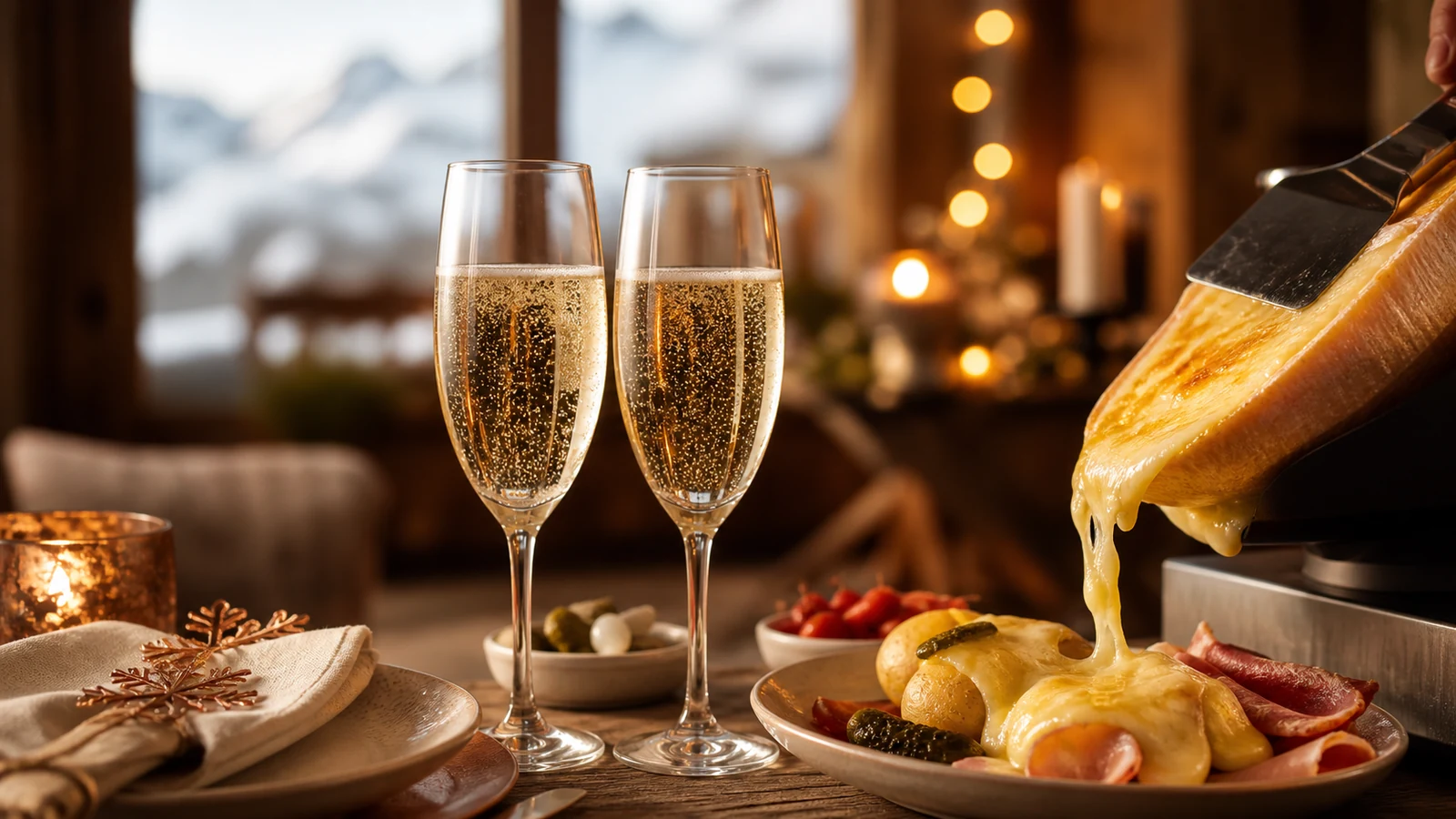 Flûtes de crémant et champagne servies avec une raclette festive