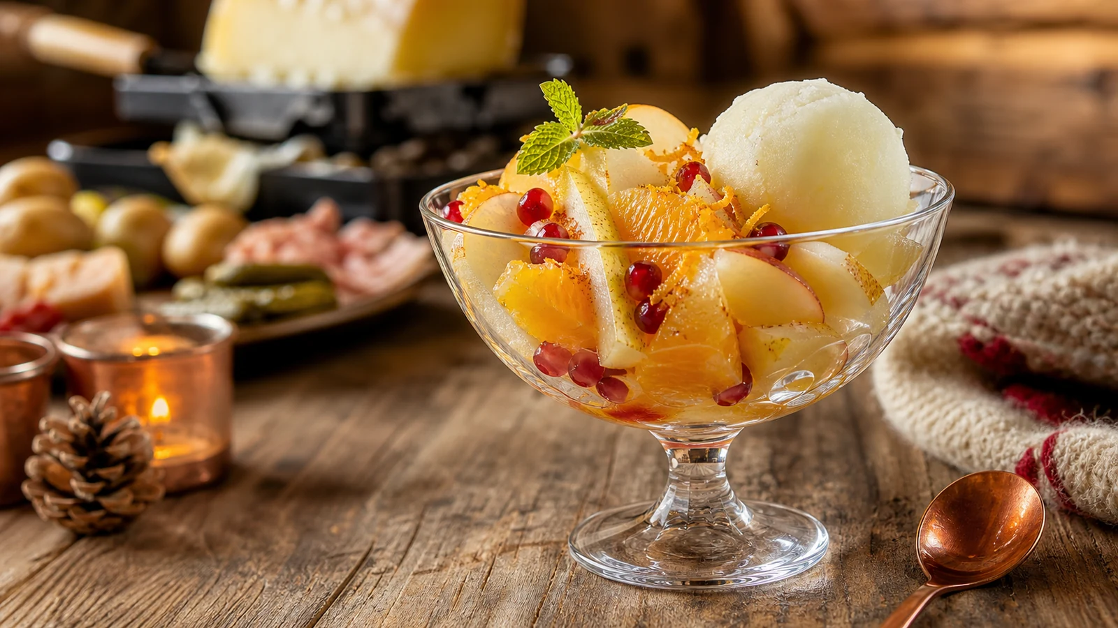 Dessert frais après une raclette, salade de fruits et sorbet