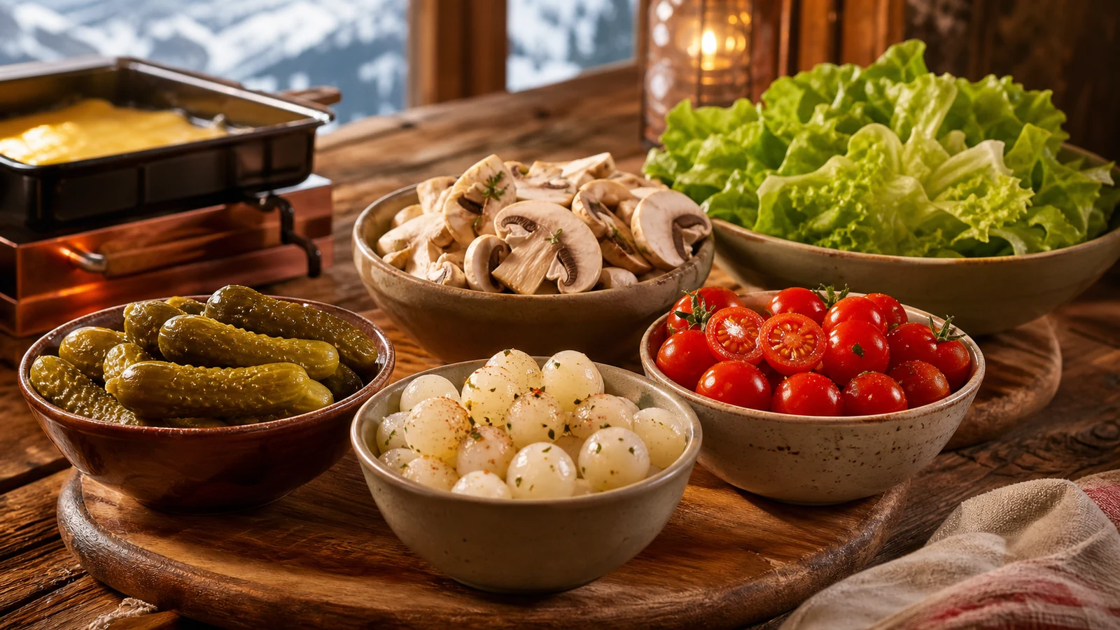 Légumes et crudités pour la raclette, cornichons, salade et champignons