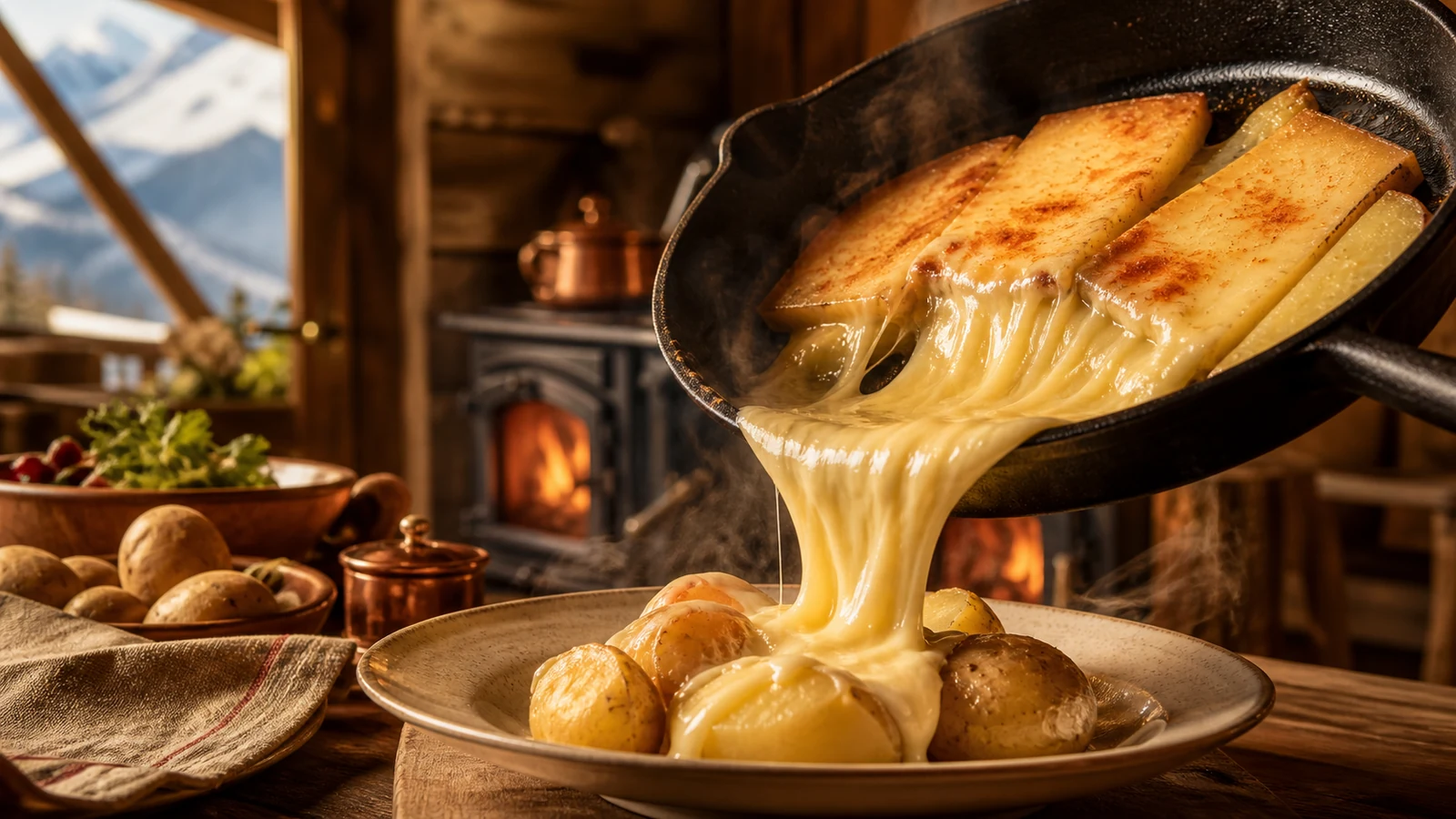 Raclette sans appareil, fromage fondu à la poêle versé sur des pommes de terre